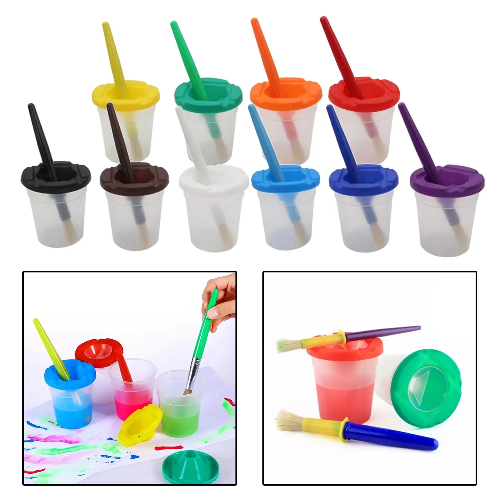 10 Pieces Anti Paint Cups with Lid And Color- Painting Brushes