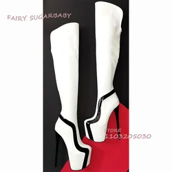 Pure White Black Line Graffiti Knee Dance Boots Woman Platform Stiletto Wave Sexy Booties Pole Stage Graffiti Back Zipper Shoes