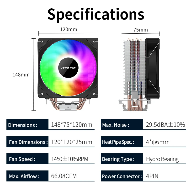 Power Train DL400T PRO V2 4 Heat pipe CPU Cooler Colorful Fan Air Cooling Heatsink For LGA1700 1200 115X 1851 AM5 Gaming PC Case