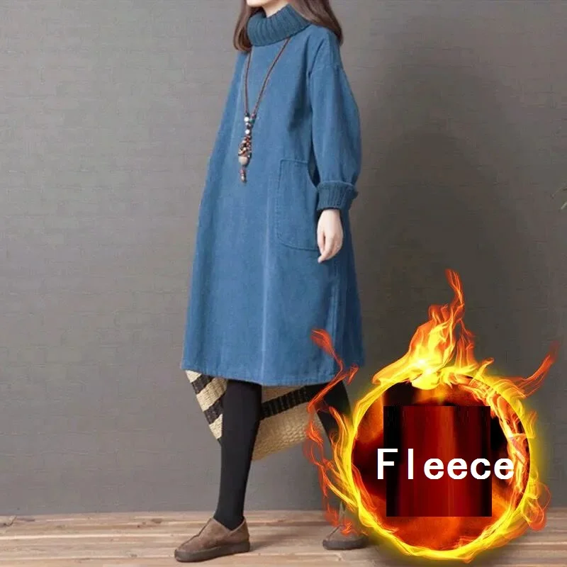 

Plus Size 5XL 150KG Woman Vintage Dresses Fleece Warm Long Sleeve A-line Turtleneck Casual Loose Dress Elegant Clothes