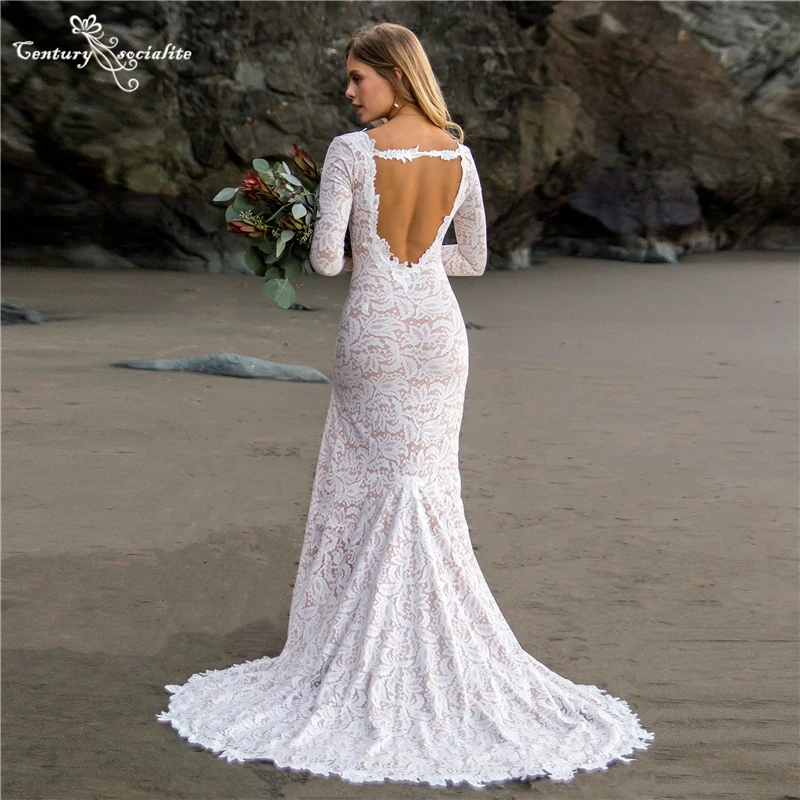 Beach Wedding Dresses Mermaid 2025 Lace Long Sleeve V Neck Backless Side Slit Boho Bridal Gowns for Women Bride Customized