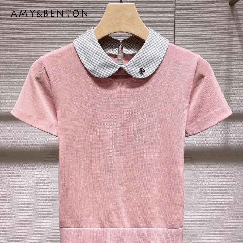 

2026 Summer New Detachable Doll Collar Short-Sleeve Women's Knit Shirt Korean Design Versatile Age Reduction T-Shirts Ladies