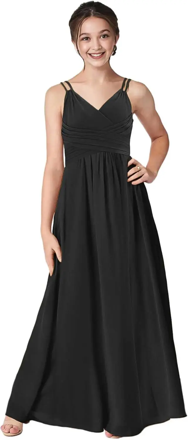 Uma linha com decote em V vestidos de dama de honra júnior vestido de menina de flor de chiffon plissado com alças cruzadas