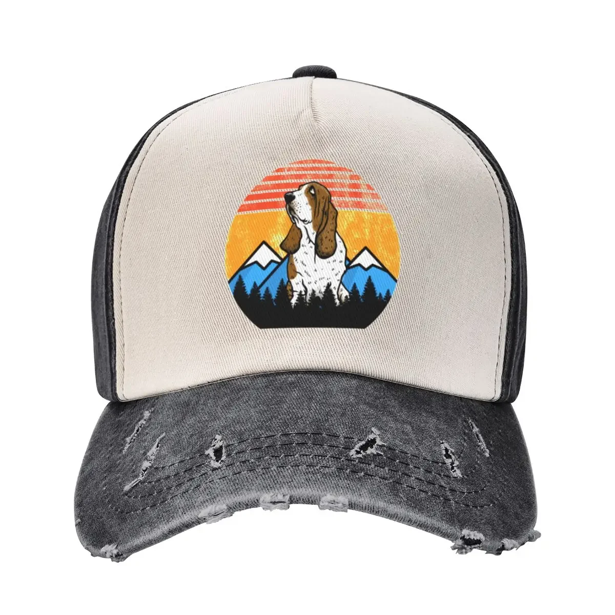 Vintage Basset Hound Sunset Mountains Forest Retro Distressed Gift Baseball Cap dad hat Golf Wear Women's Beach Outlet Men's