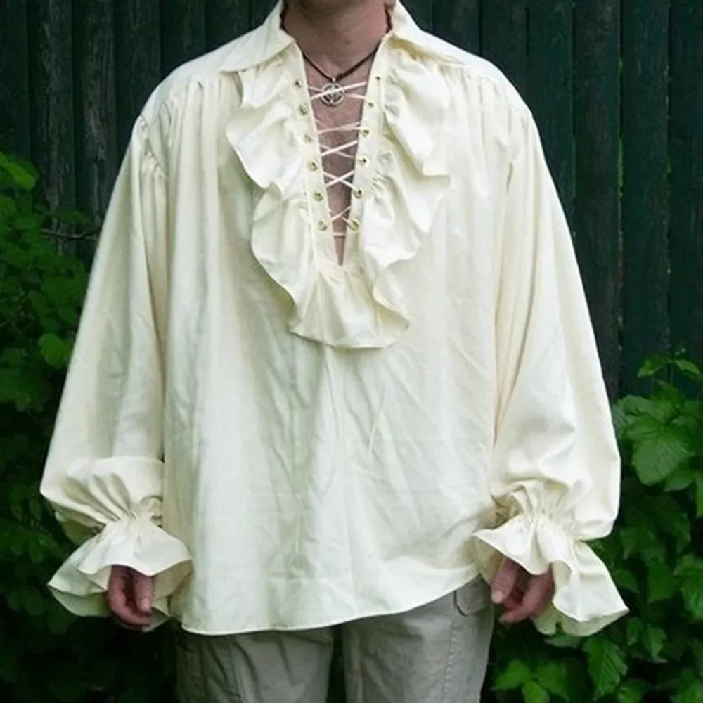 

Mens Renaissance Costume Ruffled Long Sleeve Lace Up Medieval Steampunk Pirate Shirt Cosplay Prince Drama Stage Costume Tops