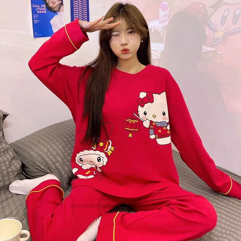 Sanrio Hello Kitty New Fashion Red Pajamas Suit Long Sleeve Cotton Top Shirts Pants 2 Piece Set For Women Y2k Cute Home Clothes