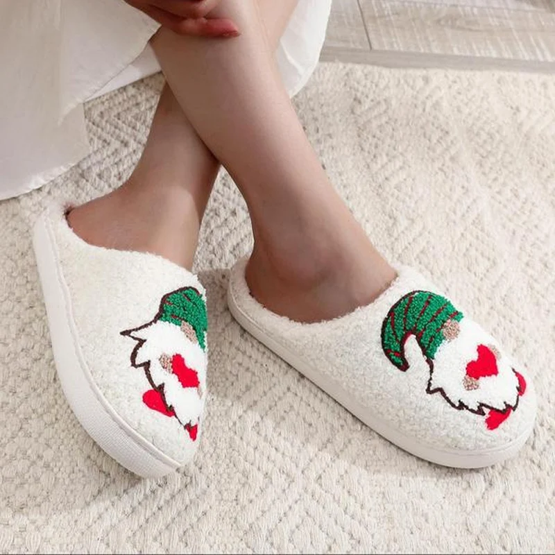 

Рождественская домашняя хлопковая обувь унисекс, женские утолщенные теплые мягкие плюшевые тапочки на плоской подошве, домашние тапочки для пар с вышивкой эльфа и карлика