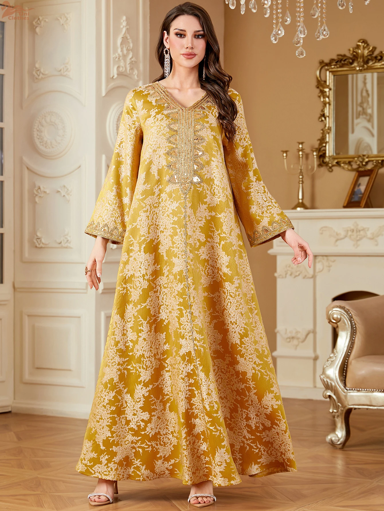 Fashion Summer Ethnic Floral Print Long Dress Muslim Vintage V-Neck Lace Tape Dress Eid Mubarak Sequins Clothing Women Dress ﻿