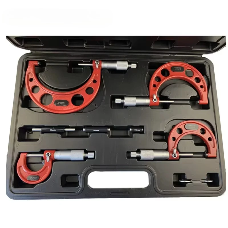 

High Quality 4 Piece Set 0-25mm-50mm-75mm-100mm Metric Micrometer Red Plastic Box High-precision 0.01mm Graduation Micrometer