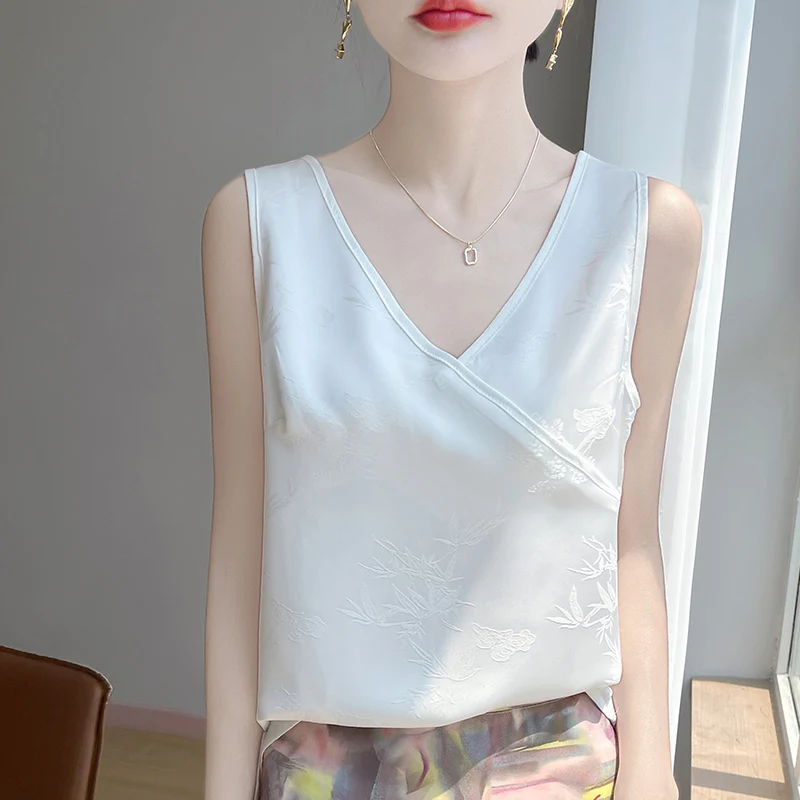 T-shirt da donna estate nuova canotta di seta gilet casual tinta unita scollo a V in raso T-shirt da donna vestiti allentati moda top gilet