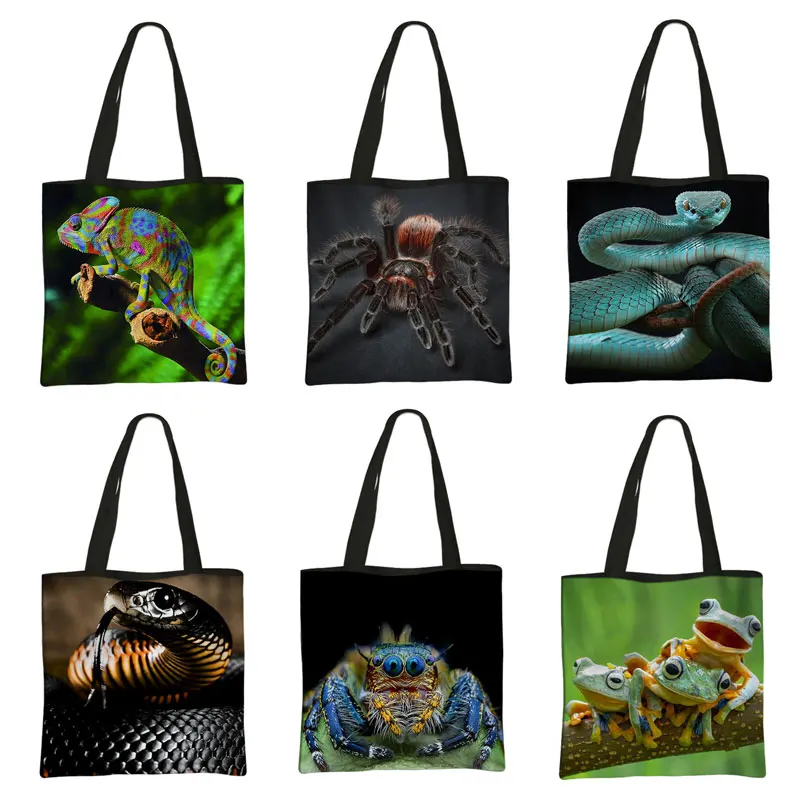 

Reptiles Chameleon Spider Frog Snake Totes Bag Women Handbag Large Capacity Shoulder Bags for Travel Lady Reusable Shopping Bag