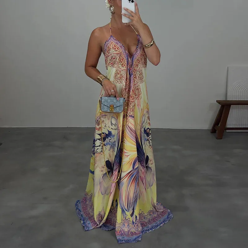 Summer New Deep V Neck Hollow Camisole Dress Woman Fashion Print Loose Swing Long Dress Sexy Lace-up Backless Boho Dress Vestido