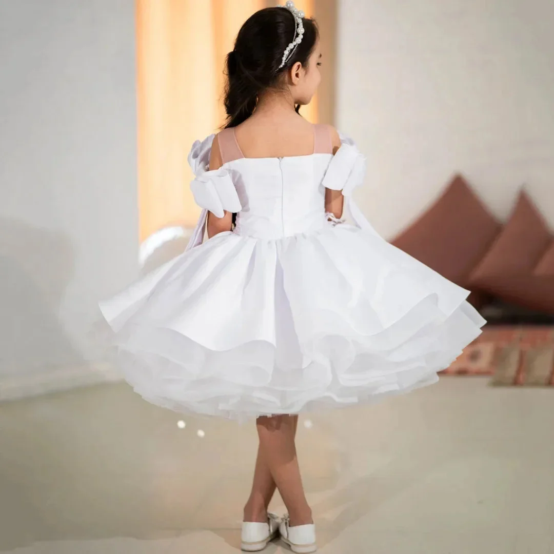 Customized White Flower Girl Dress For Wedding Satin Knee Length With Bow Puffy Kids Pageant Birthday Party Formal Events Gown