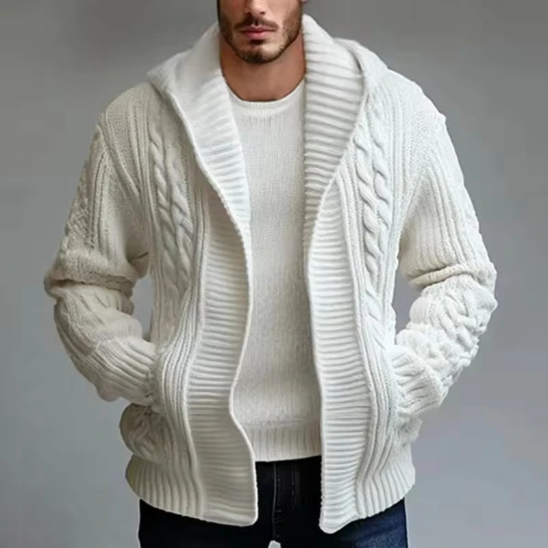 

Fashion Casual Street Men's Hooded Sweater, Autumn and Winter New Men's White Knitted Cardigan Wool Knit Coat, Men's White Coat