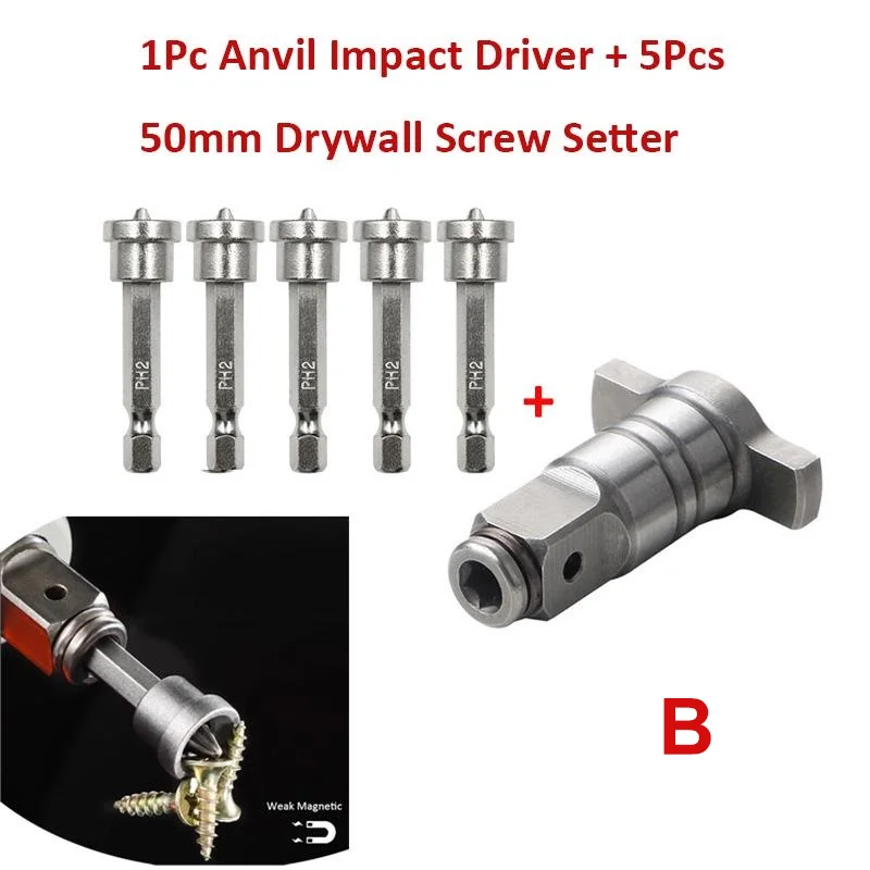 1/4 Inch Hex Shank Anvil Impact Driver with Drywall Screw Setter PH2 Cross Head Positioning Screw Bits with Socket Adapter