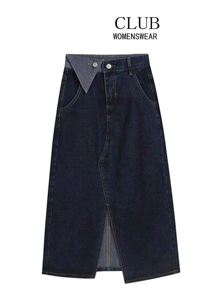 

High Waist A-Line Skirt for Women Casual Cotton Denim Split Design Korean Sle plus Size Slimming Effect Spring Autumn