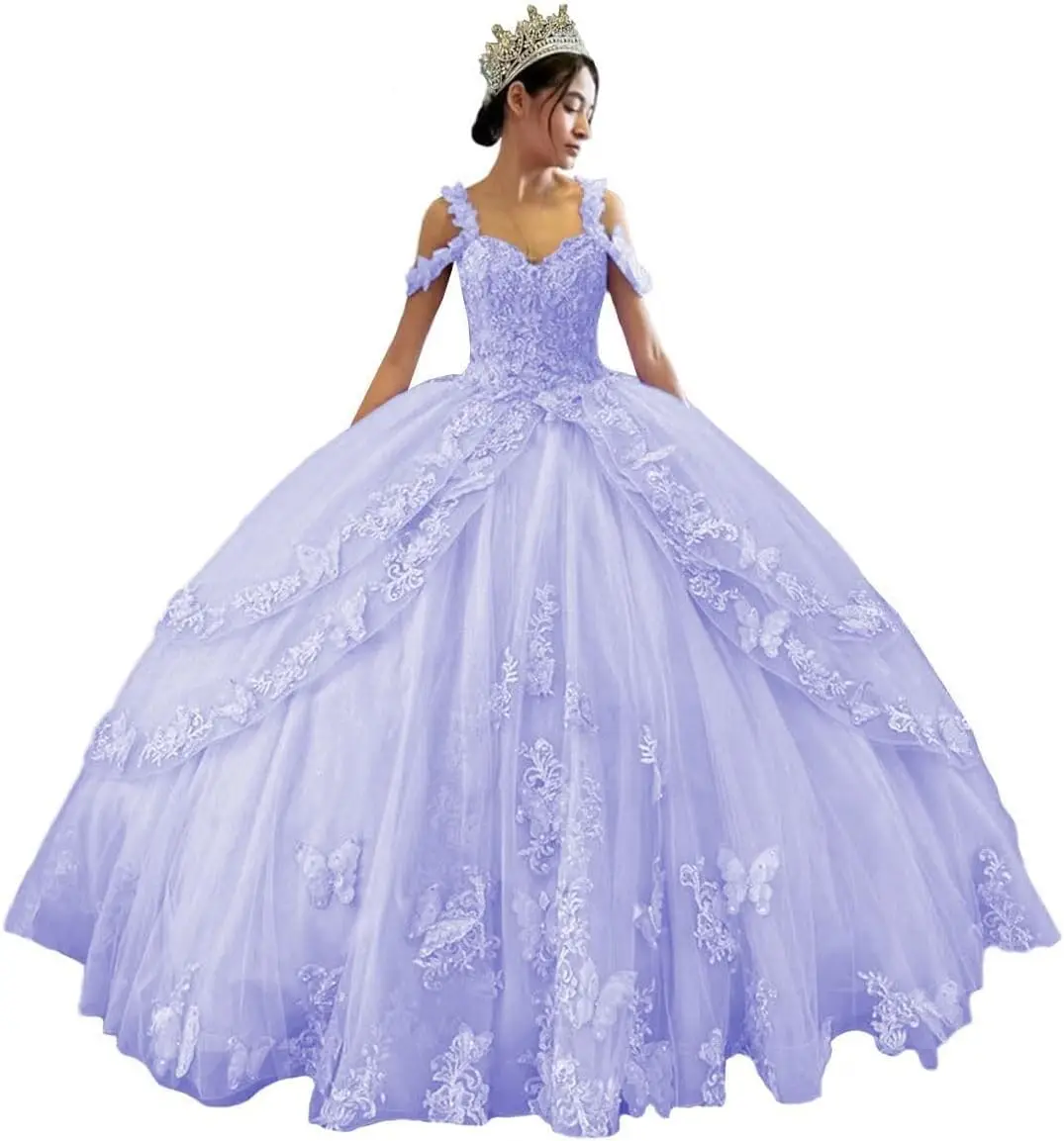 

Spaghetti Straps Tiered Tulle Quinceanera Dresses 3D Butterfly Appliques Puffy Ball Gowns for Sweet 15 16 Girls Ball Gown Dress