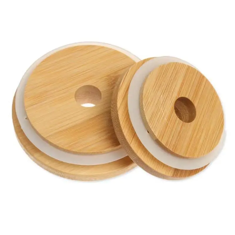 Bamboo Glass Cup Lids 70mm 86mm Reusable Wooden with Straw Hole and Silicone Seal DHL  ni41