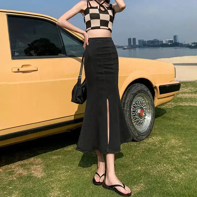 

Korean Fashion With Slit Midi Female Jeans Skirts Modest Y2k Vintage Clothing Sales Aesthetic Stylish Style Women's Denim Skirt