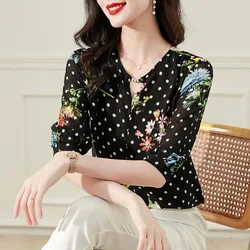 Women's Clothing Round Neck Half Sleeve Plant&Flowers Polka Dot Printing Chiffon Pullover Contrast Color T-shirt Casual Tops