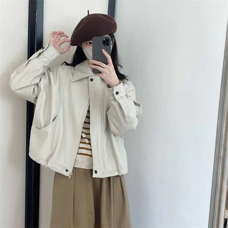 Womens Retro Lapel PU Leather Jacket Spring Autumn Solid Zipper Outwear Trendy Bottom Drawstring Motorcycle Coat Lady Casual Top