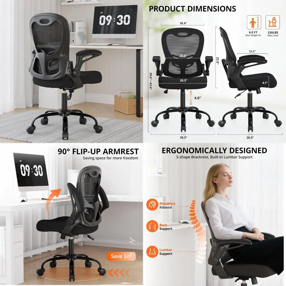 

Ergonomic Mesh Office Chair with Adjustable Back Support and Flip-Up Armrests for Comfortable Long-Term Use