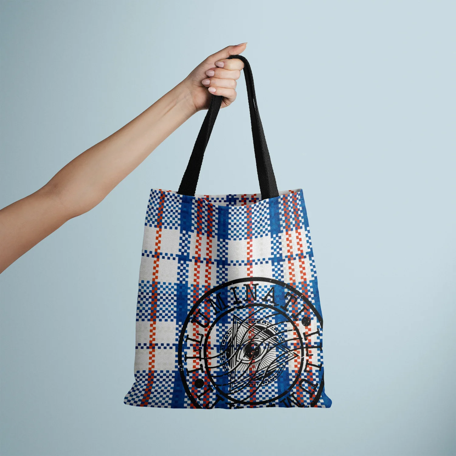 Borsa per la spesa ecologica in tela di poliestere Vintage retrò rosso blu Plaid stile francese stampa sigillo cinturino nero Tote da donna all'ingrosso