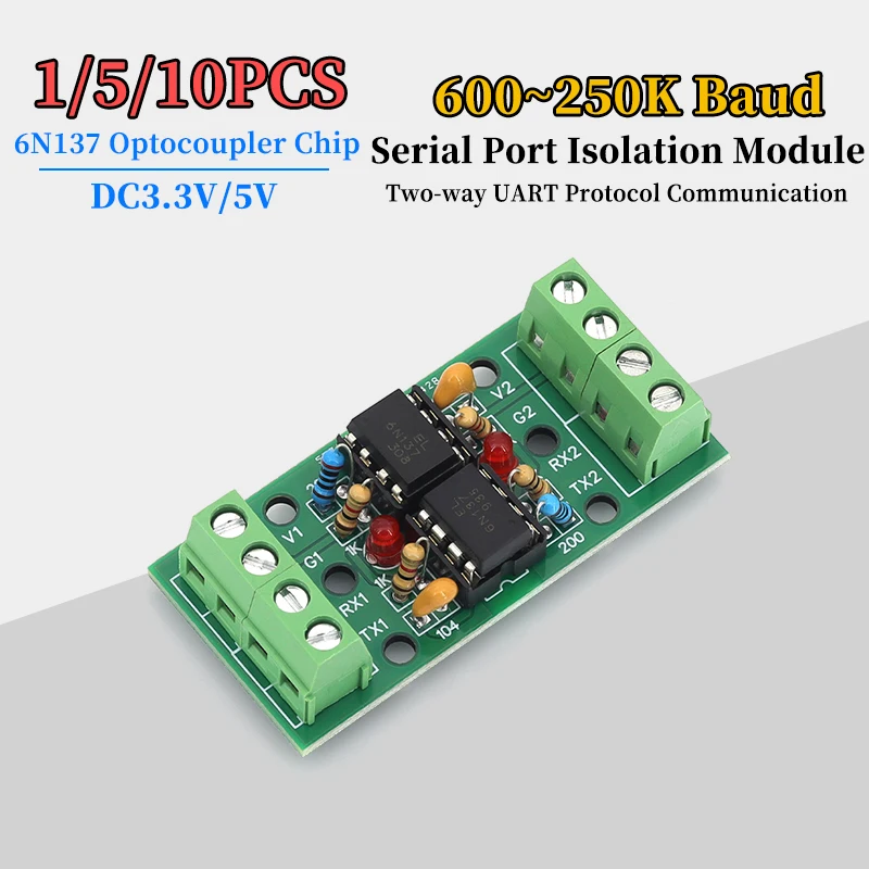 1/5/10pcs Two-way UART Communication Protocol Serial Port Isolation Module Dual 6N137 Optocoupler Chip of 600-250K Baud