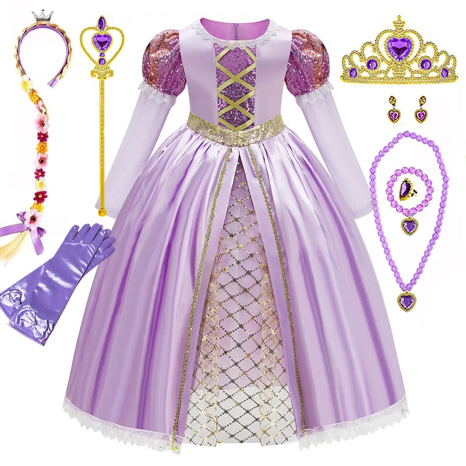 

Vintage Princess Dress Children Rapunzel Cosplay Costume Girls Movie Tangled Retro Style Party Dress with Bow Halloween Cosplay