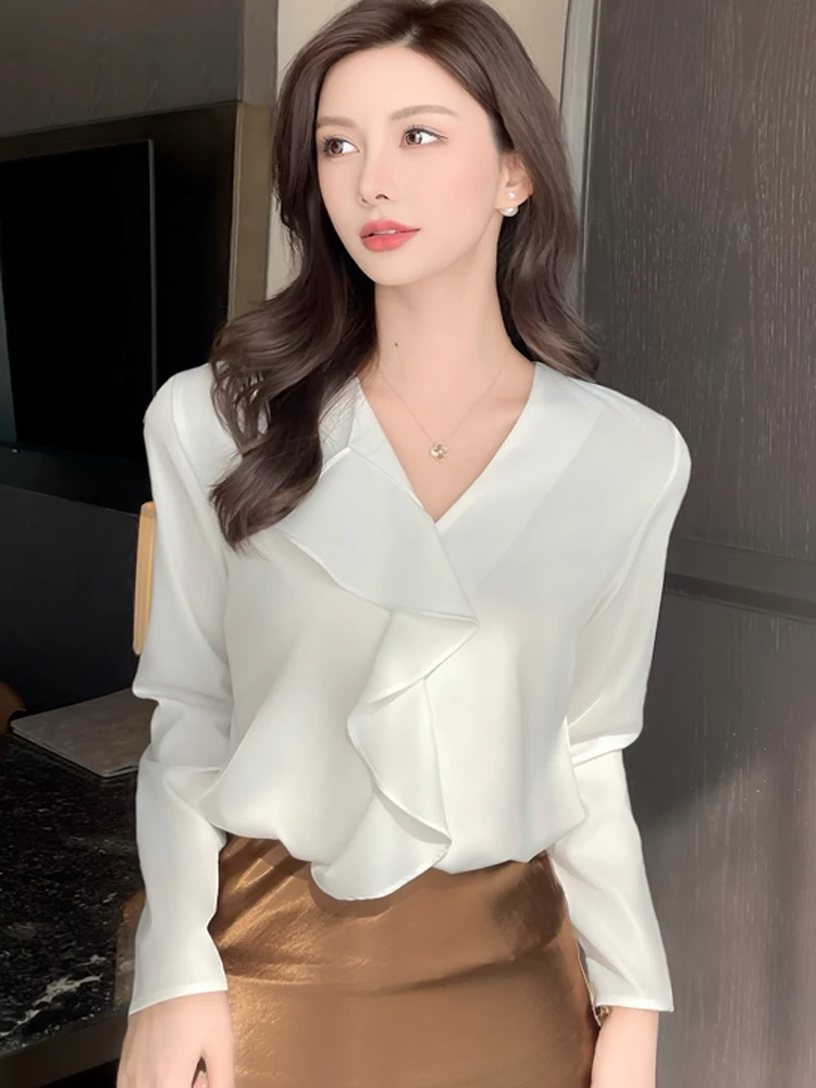 

Женская винтажная блузка с v-образным вырезом и длинными рукавами с оборками, элегантная модная женская офисная повседневная белая шифоновая рубашка, топы, женская одежда