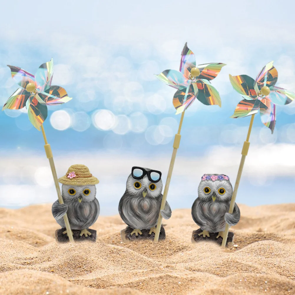 3 مجموعات حديقة البومة طاحونة الدولاب في الهواء الطلق الدورية ديكورات للباحة الملونة دائم البلاستيك الراتنج Pinwheels Pinwheels لساحة #4