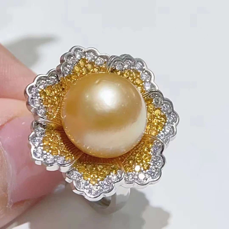 SGARIT Fashion Yellow Pearl Ring S925 Silver High Quality Concise Large Round Pearl Ring for Woman Party Wedding