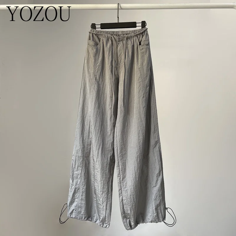 

[YOZOU] Gray Black Thin Drawstring Baggy Loose Oversized Cargo Parachute Pants Wide Leg Trousers Women Streetwear Rave Outfits