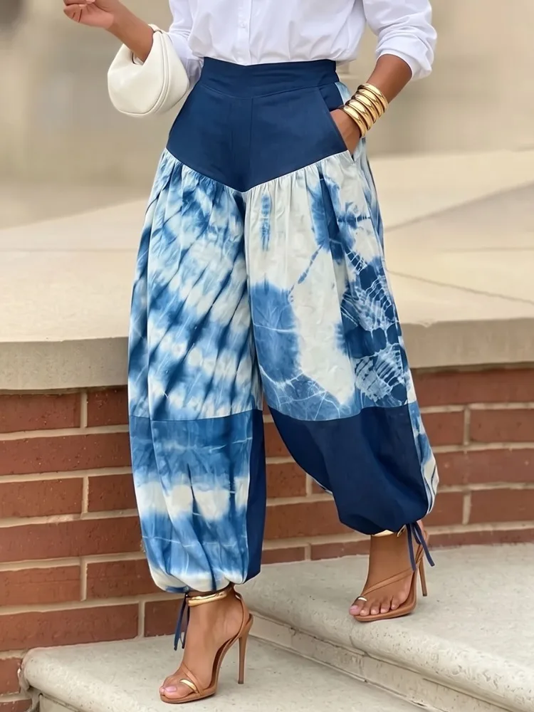 UOOZEE Women Contrast Color Printed High Waist Patchwork Harem Pants Loose Drawstring Ankle-Tied Casual Balloon Trousers view 5