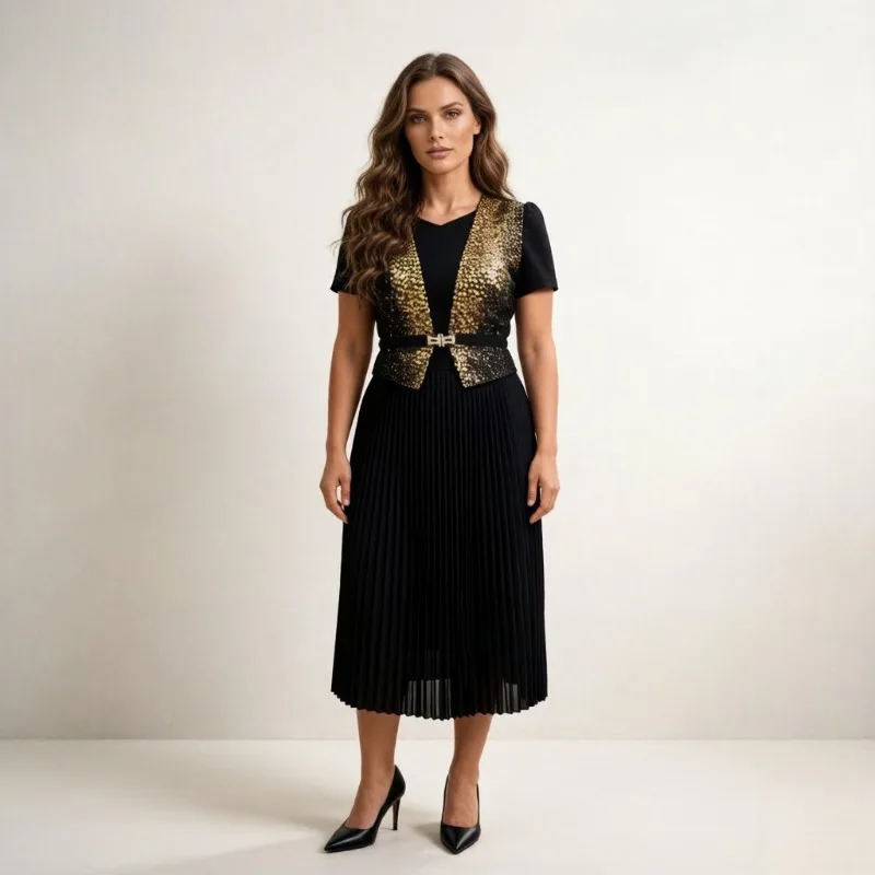 

Плиссированное платье Miyake больших размеров, летняя мода 2026, с золотым тиснением, имитация двойки, с коротким рукавом, плиссированная юбка