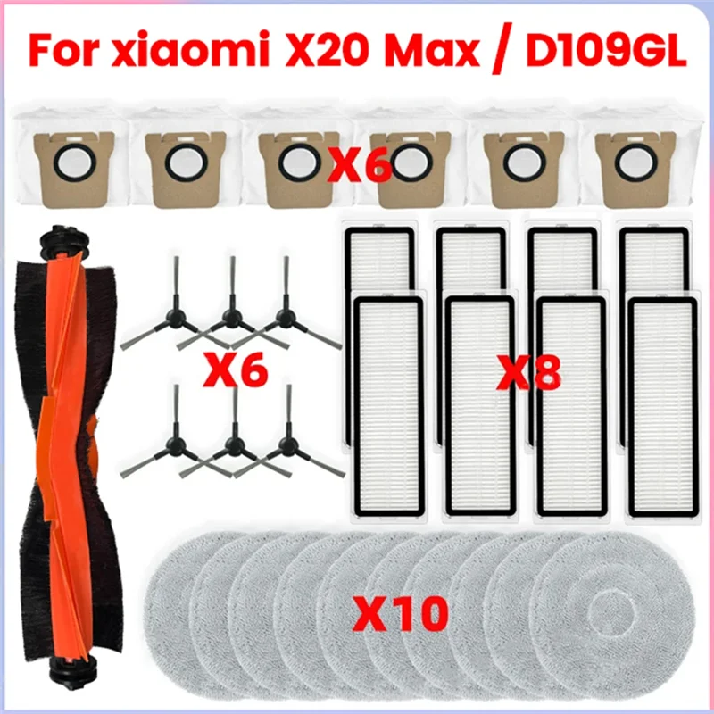 

ABGH-для робота-пылесоса Xiaomi X20 Max/D109GL, детали пылесоса, основной ролик, боковая щетка, фильтры Hepa, швабра, тканевые мешки для пыли