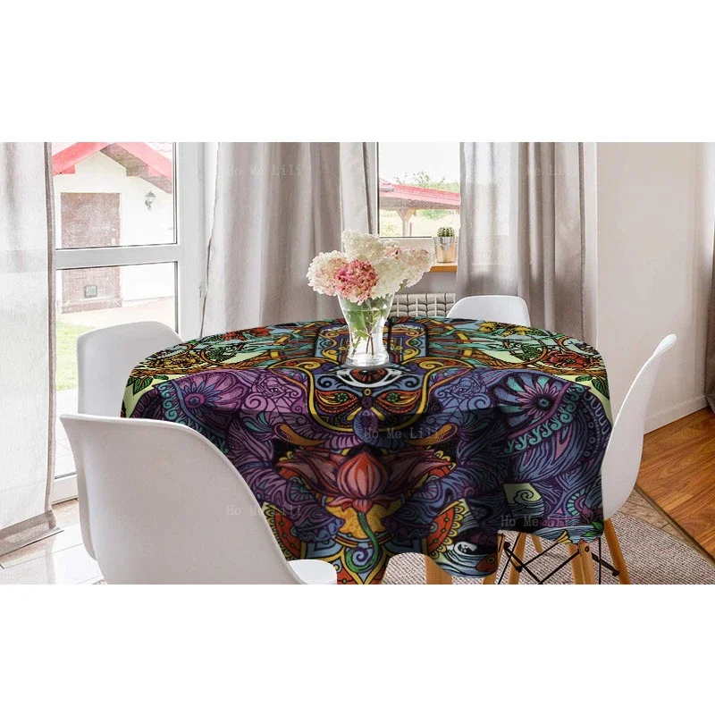 Hippie Hamsa Hand And Elephants Dharma Hallucinatory Journey Psychedelic Round Tablecloth By Ho Me Lili Tabletop Decor