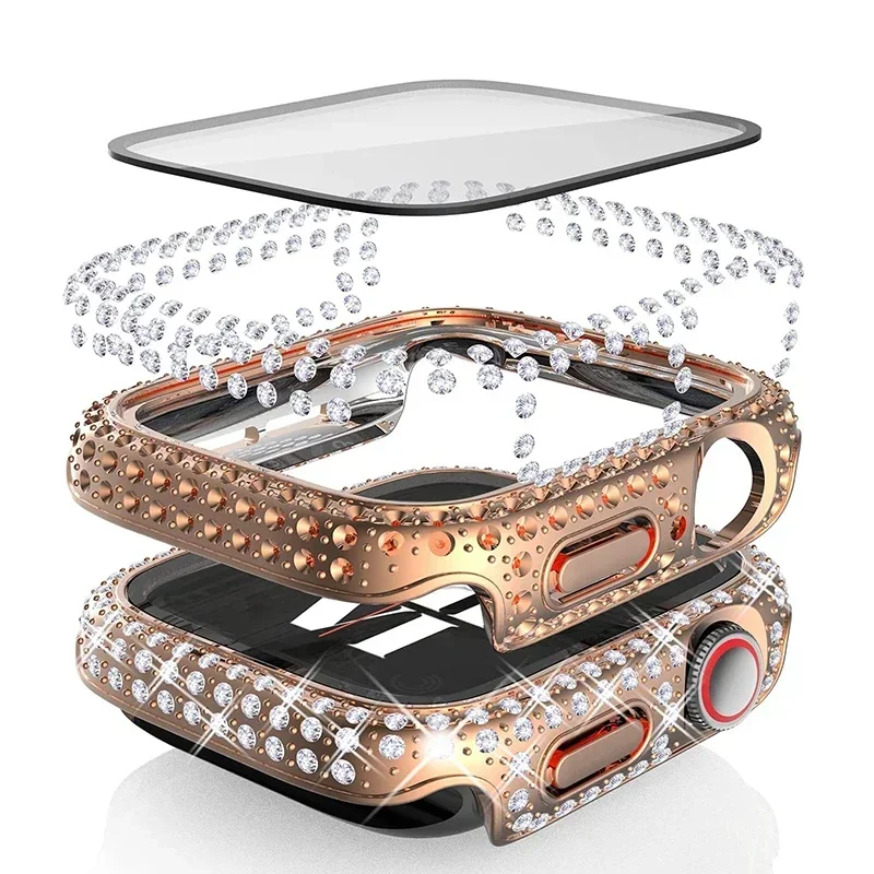 Capa de relógio diamante vidro temperado para apple watch série 7 8 9 45mm 41mm protetor de tela brilhante acessórios de proteção para-choques