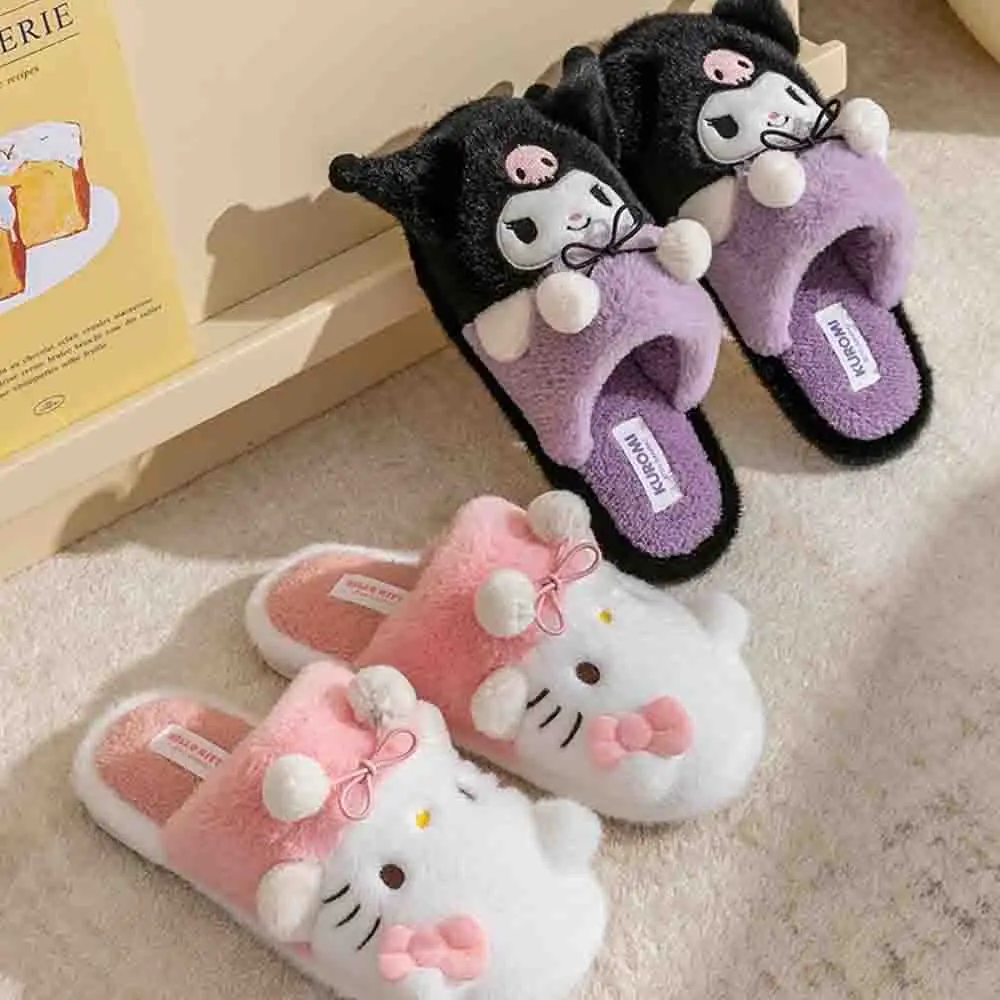 2025 New Sanrio Hello Kitty Water Diamond Platform Fashion Women's Cute Blue Bow Anti Slip Summer Beach Slippers