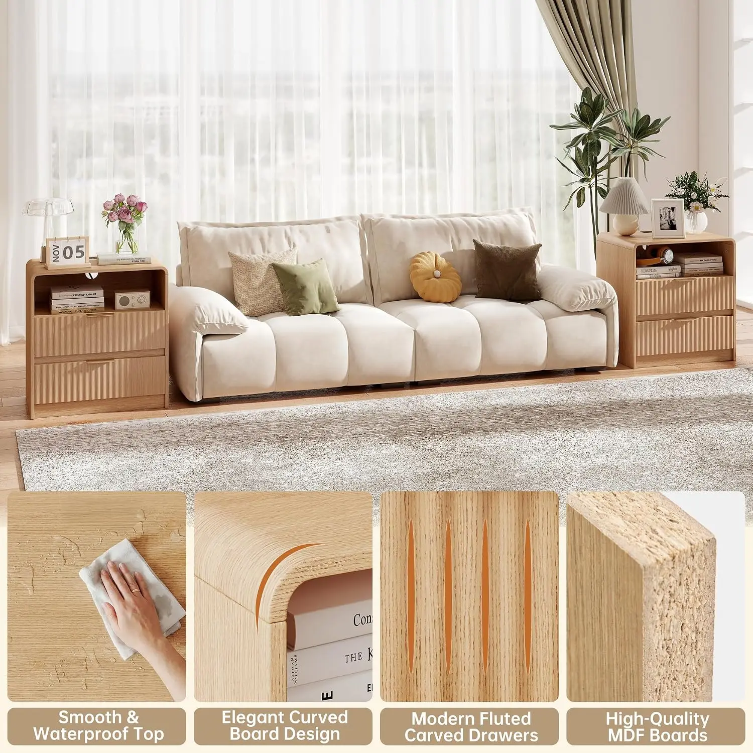 Fluted Nightstand, Bedside Table with Charging Station, Wooden End Table with 2 Drawers Storage and 1 Open Shelf, Modern Night