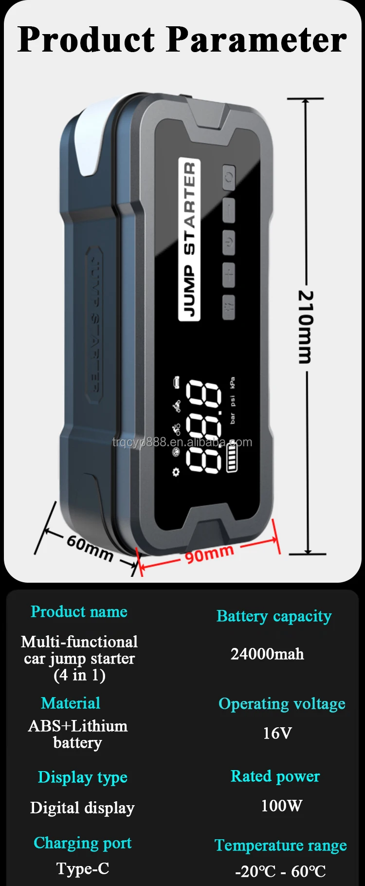 Powerful Car Jump Starter for all 12V Vehicles Multi-Function Portable Battery  with Air Pump Power Bank and LED lighting
