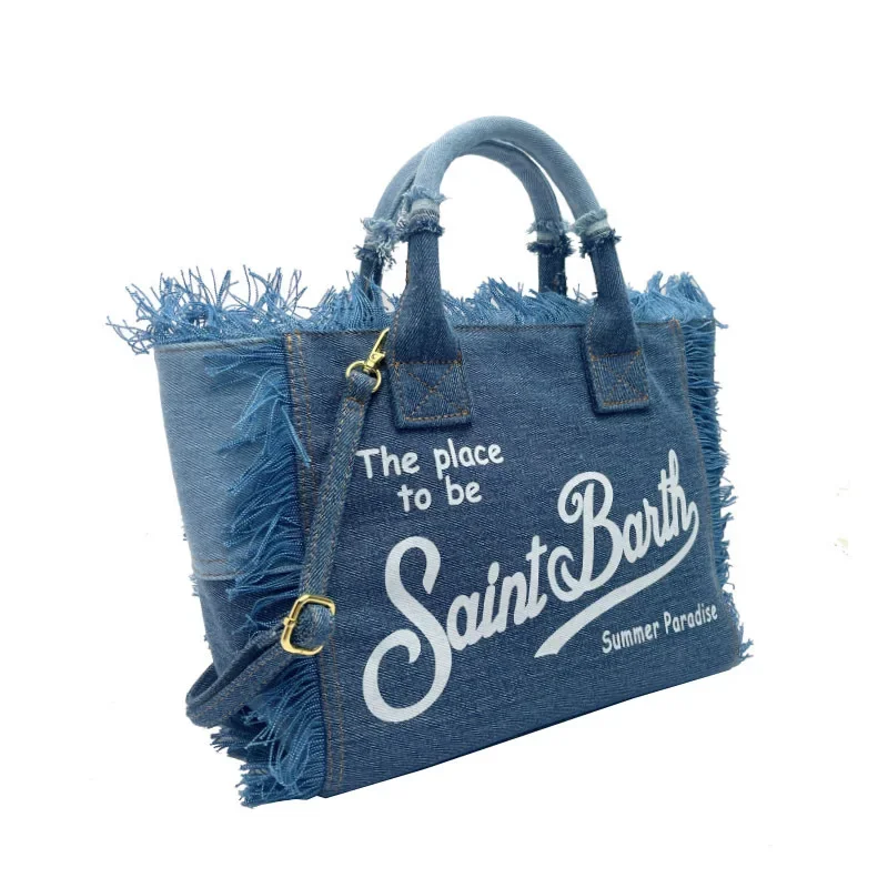 Imagem -06 - Saint Barth-bolsala Crossbody Artesanal com Borla Tamanho Pequeno Jeans Monocromático Bolsa de Viagem Feminina Nova 2024
