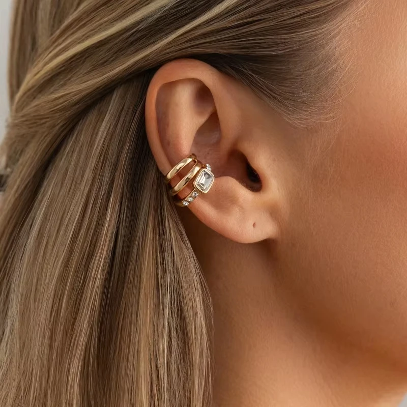 FTCY Multi-Layer Fashion Crystal Clip Earrings For Women Minimalist Metal  C-shaped Fake Piercing Earring Jewelry Wholesale