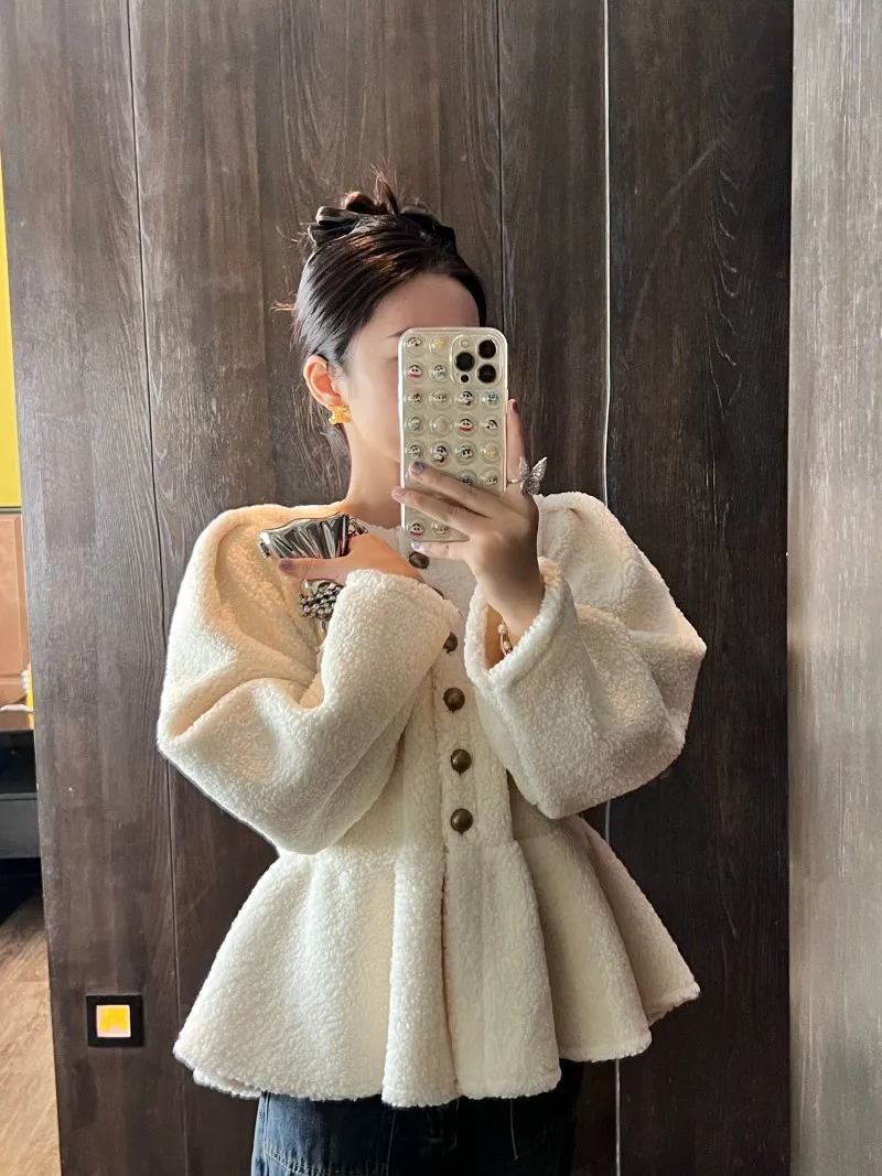 Korea Skirt Style Lamb Velvet Sweet Coat Chic Buttons Single Breasted Ruffles Coats Korean Solid Puff Long Sleeves Jacket