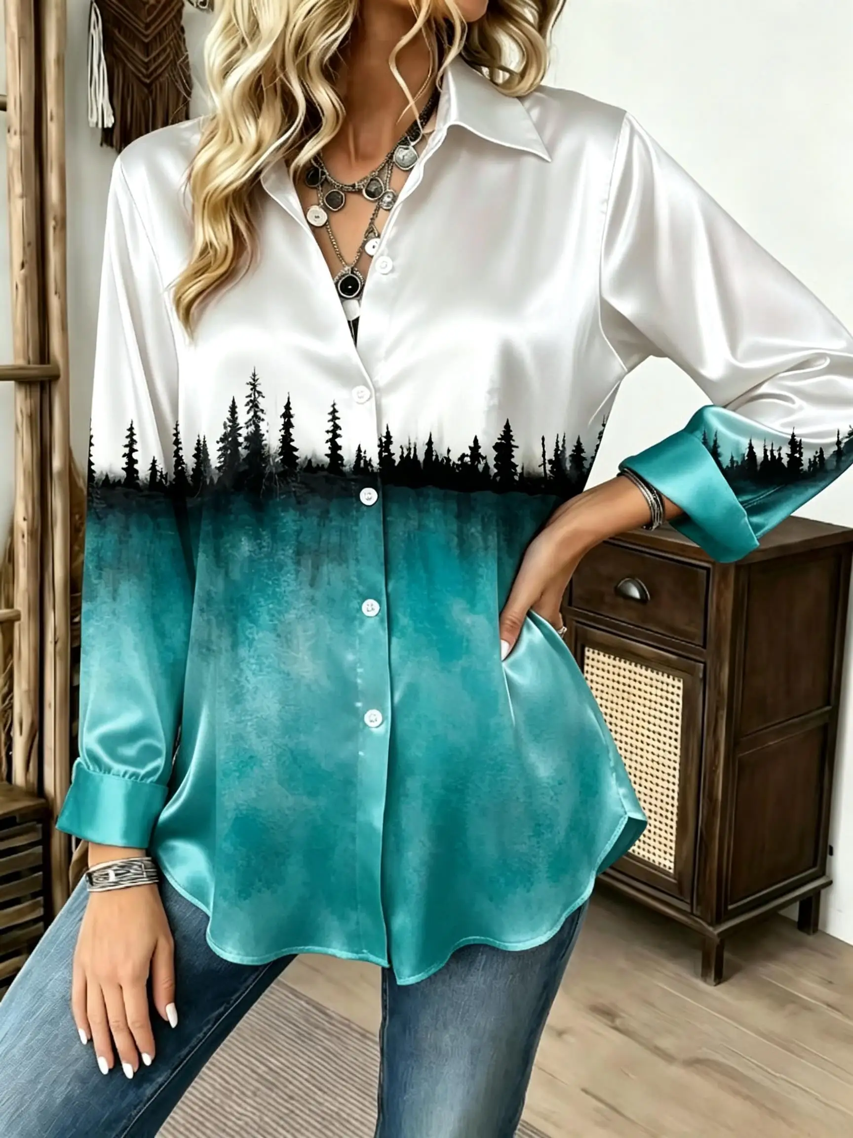 Women Long Sleeve Button‑Up Shirt Lace Forest Landscape Print Turn‑Down Collar Satin Blouse Tops