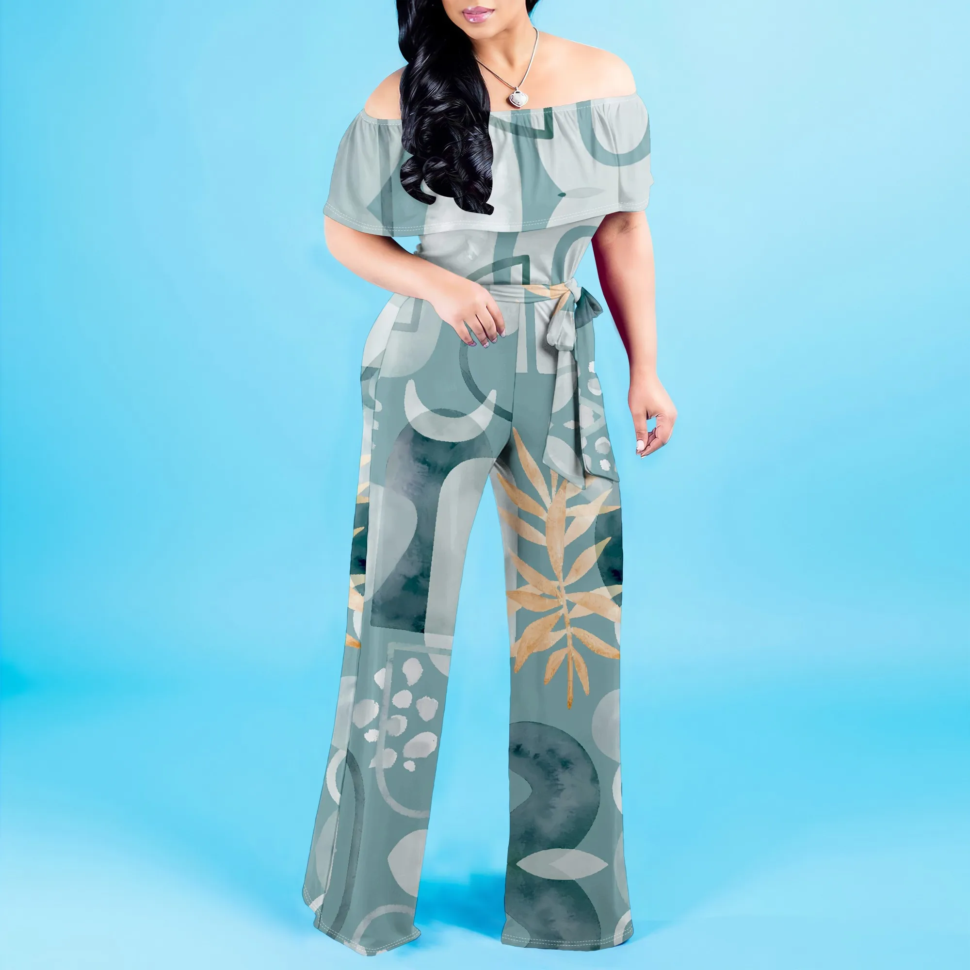 Boho Off Shoulder Jumpsuit for Women Multicolor Stripe Print Wide Leg Romper Festival Beachwear Style