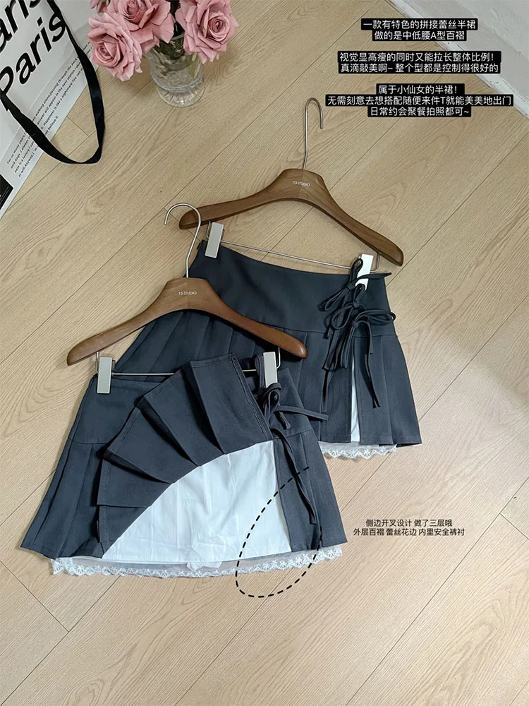 American Streetwear Grey Pleated Skirts Lace Up Bow Gyaru Grunge High Waist Lace Patchwork A-Line Skirt Harajuku Preppy Style