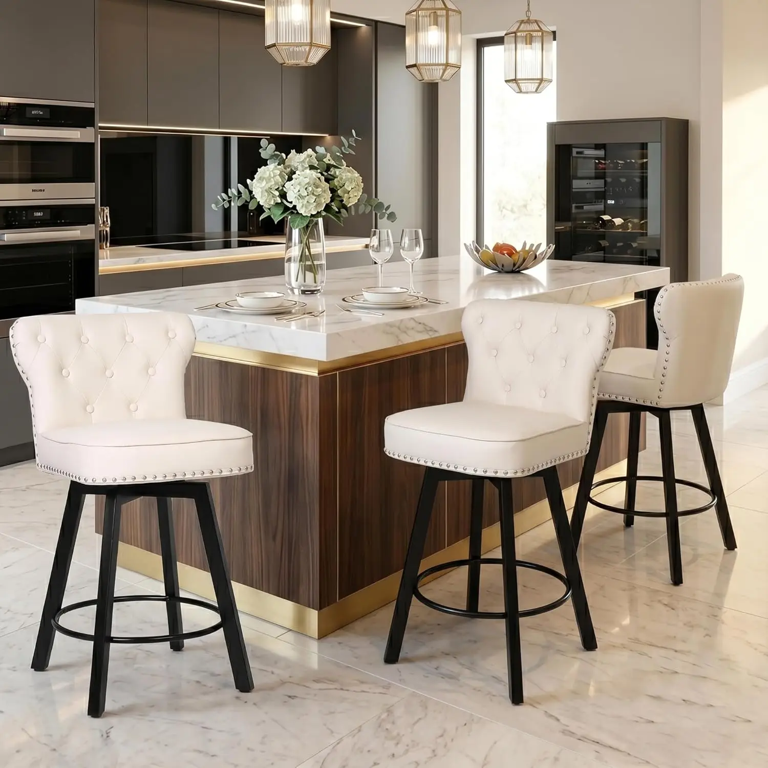 

26" Mid-Century Swivel Counter Stool Metal Base Faux Leather High Back Thick Cushion Armless Kitchen Island Set 3, Customized
