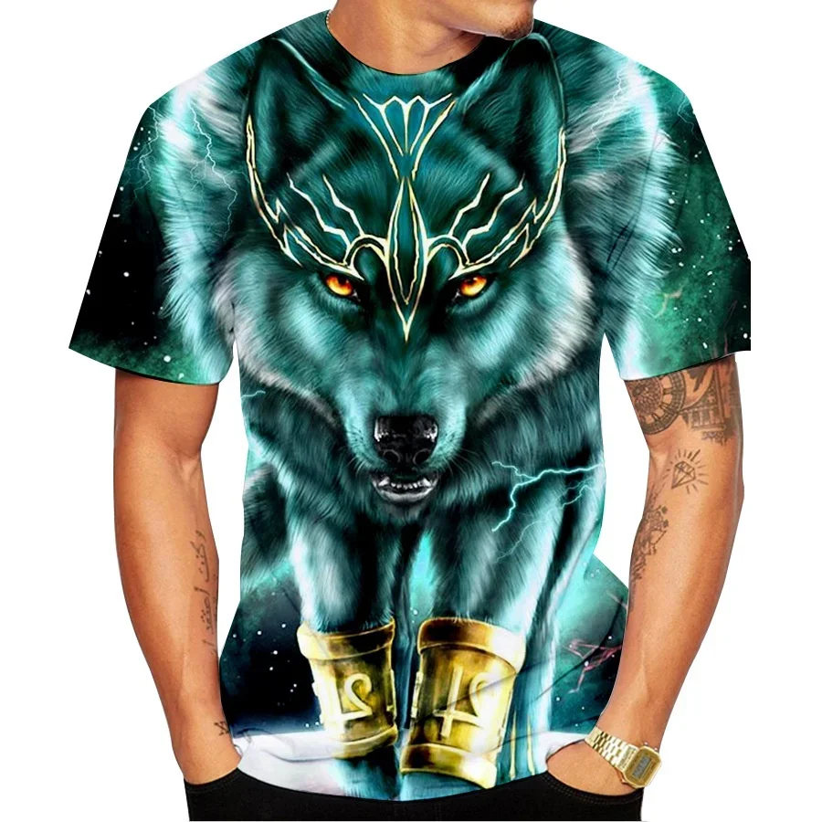 

Men's Summer Fashion T-shirt 3D Wolf and Tiger Print Casual Round Neck Short Sleeve T-shirt