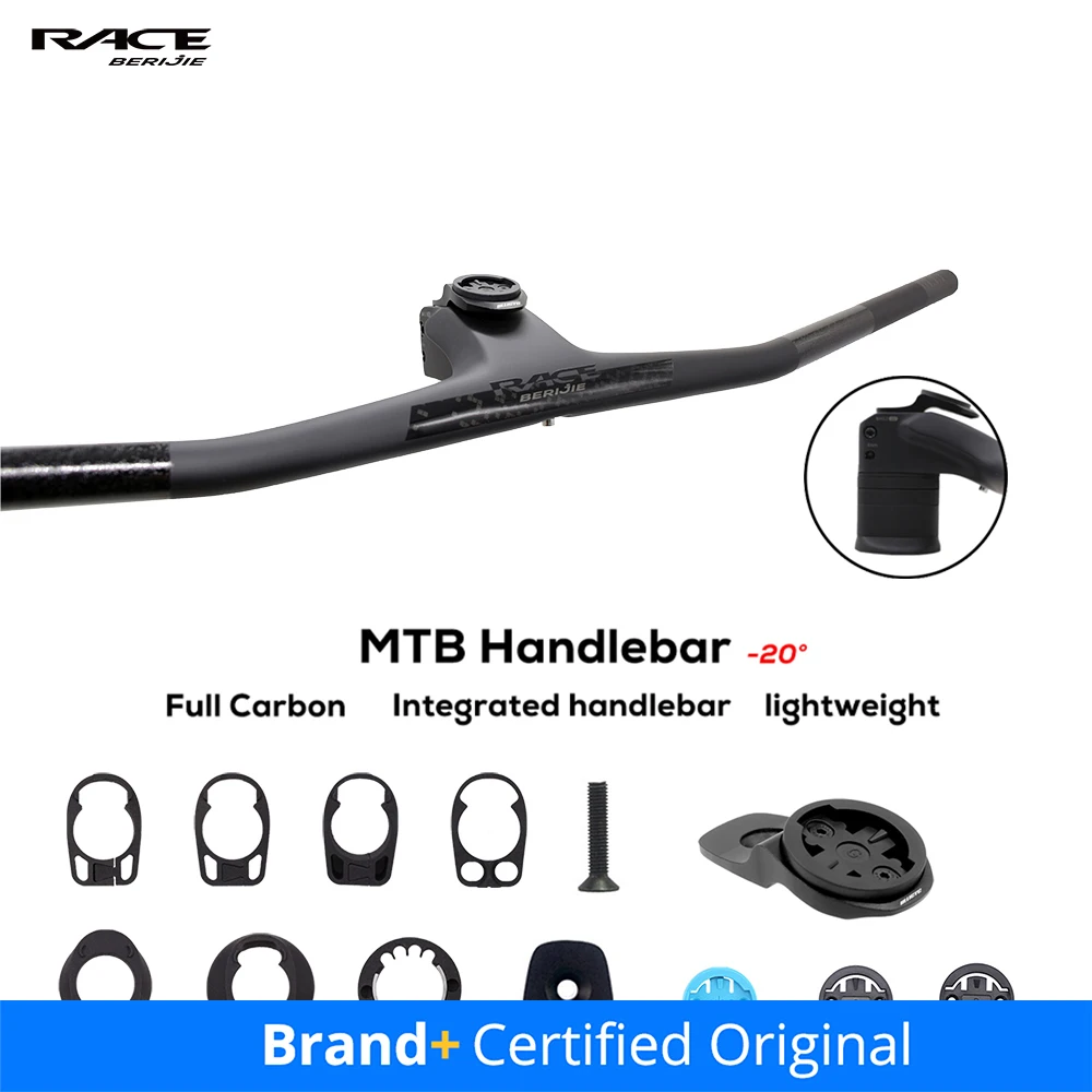 

BERIJIE Full Carbon Integrated MTB Handlebar,Lightweight Integrated Cockpit XC Handlebar With Spacers,-20°,Headset Cover 47/56mm
